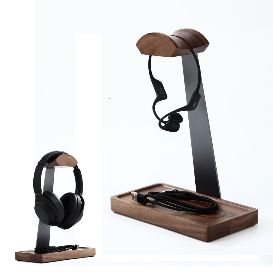 Walnut Headphone Stand with Storage Tray